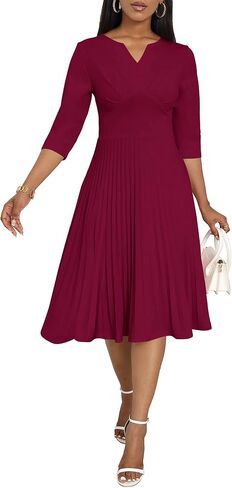 CLOCOR Midi Dresses for Women Casual Wrap Flared Pleated Dress A Line 3/4 Sleeve V Neck Church Cocktail Wedding Guest Dress in Kuwait