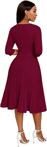 CLOCOR Midi Dresses for Women Casual Wrap Flared Pleated Dress A Line 3/4 Sleeve V Neck Church Cocktail Wedding Guest Dress in Kuwait