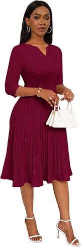 CLOCOR Midi Dresses for Women Casual Wrap Flared Pleated Dress A Line 3/4 Sleeve V Neck Church Cocktail Wedding Guest Dress in Kuwait