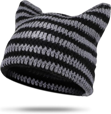Crochet Cat Ear Beanie Black Gray Cat Ear Hat for Women Cute and Cozy Gothic Knitted Crochet Perfect for Winter Halloween Christmas and Y2k Aesthetic in Saudi Arabia