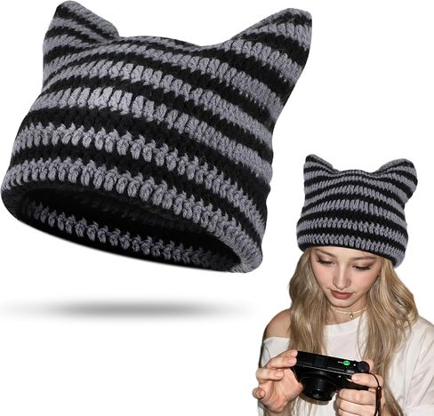 Crochet Cat Ear Beanie Black Gray Cat Ear Hat for Women Cute and Cozy Gothic Knitted Crochet Perfect for Winter Halloween Christmas and Y2k Aesthetic in Saudi Arabia