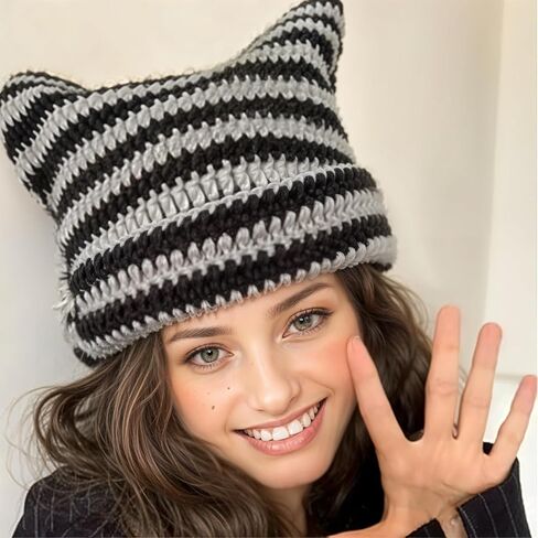 Crochet Cat Ear Beanie Black Gray Cat Ear Hat for Women Cute and Cozy Gothic Knitted Crochet Perfect for Winter Halloween Christmas and Y2k Aesthetic in Saudi Arabia