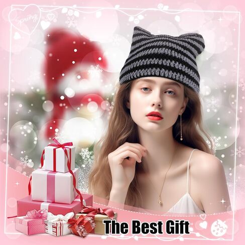 Crochet Cat Ear Beanie Black Gray Cat Ear Hat for Women Cute and Cozy Gothic Knitted Crochet Perfect for Winter Halloween Christmas and Y2k Aesthetic in Saudi Arabia