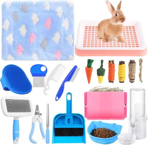 19 Pcs Rabbit Starter Kit Small Rabbit Litter Box Animal Grooming Kit Bunny Toys Bowl Blankets with Cleaning Set for Guinea Pig Bunny Accessories in Kuwait