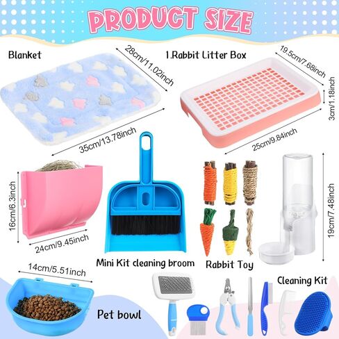 19 Pcs Rabbit Starter Kit Small Rabbit Litter Box Animal Grooming Kit Bunny Toys Bowl Blankets with Cleaning Set for Guinea Pig Bunny Accessories in Kuwait