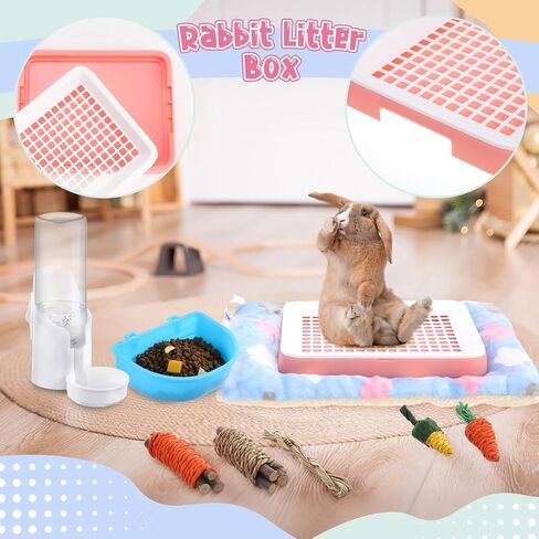 19 Pcs Rabbit Starter Kit Small Rabbit Litter Box Animal Grooming Kit Bunny Toys Bowl Blankets with Cleaning Set for Guinea Pig Bunny Accessories in Kuwait