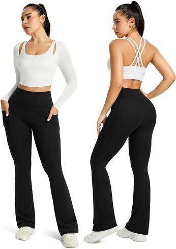 Womens Flared Yoga Pants with Pockets, High Waisted Flare Leggings Bell Bottom Bootcut Yoga Dress Pants in Saudi Arabia