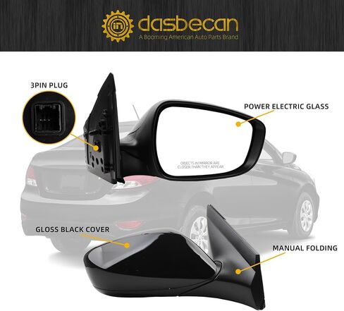 Dasbecan Left Driver Side Mirror Compatible with 2012-2017 Hyundai Accent Gloss Black Door Mirror with Power Glass, Manual Folding Replace# HY1320180 87610-1R210 876101R210 (3 pins) in Saudi Arabia