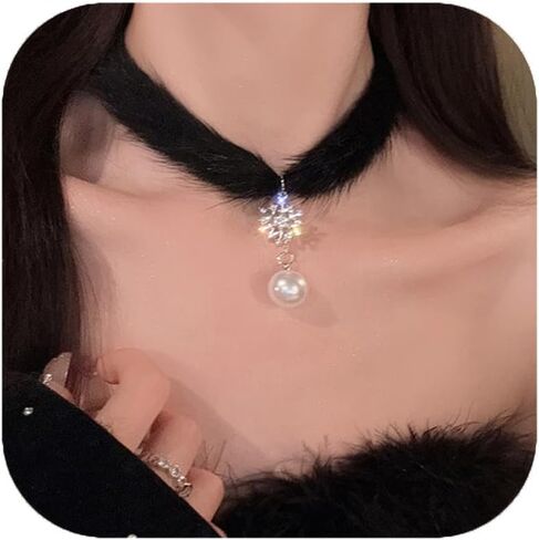 Snowflake Choker Necklace for Women Christmas Necklaces Fluffy Pom Pom Earrings Snowflake Pearl Pendant Earrings Winter Christmas Jewelry in Saudi Arabia