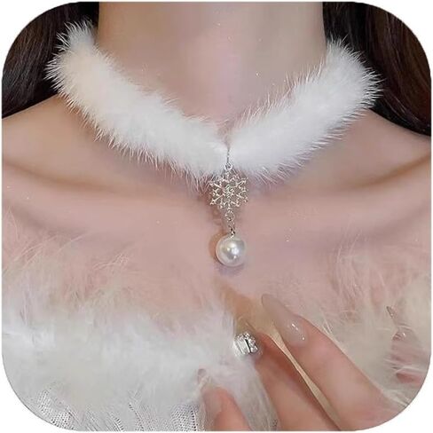 Snowflake Choker Necklace for Women Christmas Necklaces Fluffy Pom Pom Earrings Snowflake Pearl Pendant Earrings Winter Christmas Jewelry in Saudi Arabia