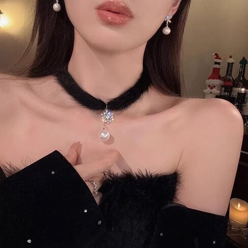 Snowflake Choker Necklace for Women Christmas Necklaces Fluffy Pom Pom Earrings Snowflake Pearl Pendant Earrings Winter Christmas Jewelry in Saudi Arabia