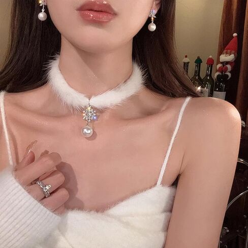 Snowflake Choker Necklace for Women Christmas Necklaces Fluffy Pom Pom Earrings Snowflake Pearl Pendant Earrings Winter Christmas Jewelry in Saudi Arabia