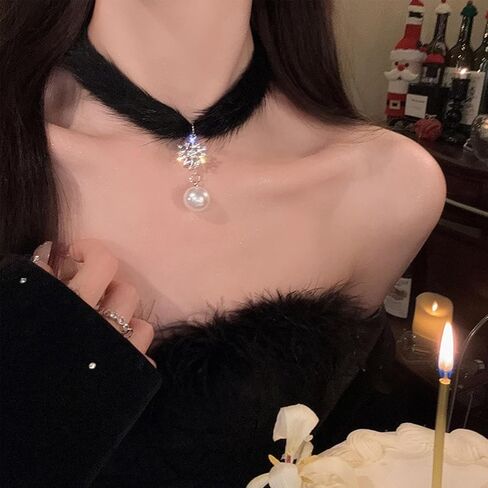 Snowflake Choker Necklace for Women Christmas Necklaces Fluffy Pom Pom Earrings Snowflake Pearl Pendant Earrings Winter Christmas Jewelry in Saudi Arabia