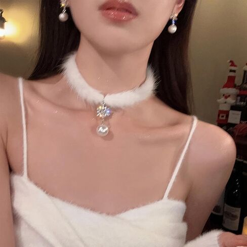 Snowflake Choker Necklace for Women Christmas Necklaces Fluffy Pom Pom Earrings Snowflake Pearl Pendant Earrings Winter Christmas Jewelry in Saudi Arabia