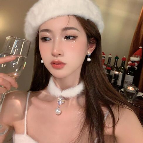 Snowflake Choker Necklace for Women Christmas Necklaces Fluffy Pom Pom Earrings Snowflake Pearl Pendant Earrings Winter Christmas Jewelry in Saudi Arabia