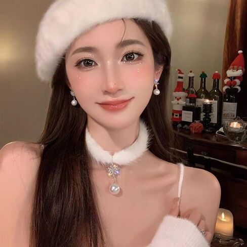 Snowflake Choker Necklace for Women Christmas Necklaces Fluffy Pom Pom Earrings Snowflake Pearl Pendant Earrings Winter Christmas Jewelry in Saudi Arabia