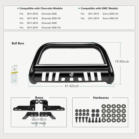 YHTAUTO 3 "Bull Bar Push Bar مع لوحة انزلاقية خفيفة تناسب موديلات Chevy & GMC، Silverado 2500 3500 11-18، Silverado/Sierra 2500 HD & 3500 HD 11-19، واقي فرشاة من سبائك الصلب للمصد الأمامي للشاحنة in Saudi Arabia