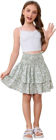 Girl's 2 Piece Outfits Lace Ruched Camisole Tops and Shirred High Waisted Layered Floral Skirts Set in Kuwait