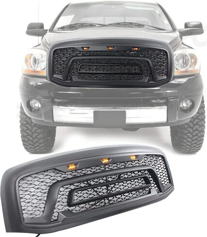 ملحقات الشواية الأمامية البديلة من طراز المتمردين المتوافقة مع 2006-2008 Ram 1500 / Ram 2500، مجموعة شبكة سوداء غير لامعة مع مصابيح LED كهرمانية (باستثناء Rebel، Chrome Letter) in Kuwait