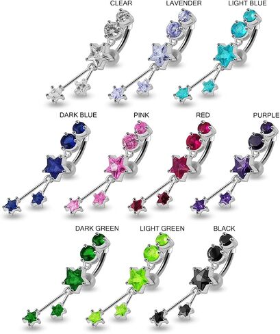 Two Round and Triple Star Dangling Reverse Bar Design 925 Sterling Silver with Stainless Steel Belly Ring - Belly Button jewelry - Navel jewelry in Saudi Arabia