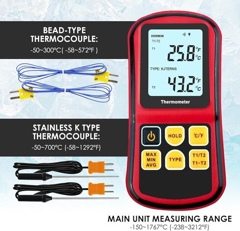 Digital Thermocouple Thermometer, Dual Channel Thermometer withFour K Type Thermocouple Probes（2 Stainless Steel K-Type Probes） for K/J/T/E/R/S/N Type in Kuwait