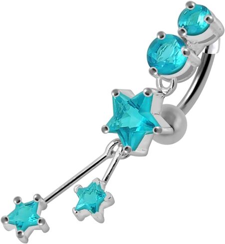 Two Round and Triple Star Dangling Reverse Bar Design 925 Sterling Silver with Stainless Steel Belly Ring - Belly Button jewelry - Navel jewelry in Saudi Arabia
