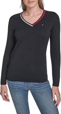 Tommy Hilfiger Womens Solid Long Sleeve V-Neck Cotton Sweater in Saudi Arabia