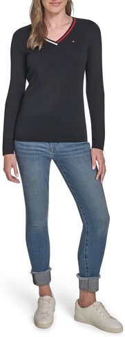 Tommy Hilfiger Womens Solid Long Sleeve V-Neck Cotton Sweater in Saudi Arabia