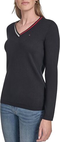 Tommy Hilfiger Womens Solid Long Sleeve V-Neck Cotton Sweater in Saudi Arabia