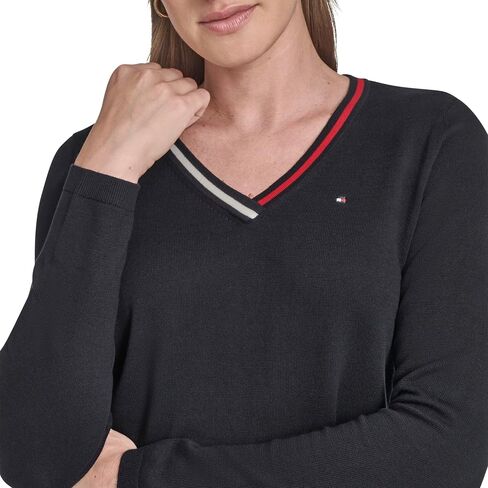 Tommy Hilfiger Womens Solid Long Sleeve V-Neck Cotton Sweater in Saudi Arabia