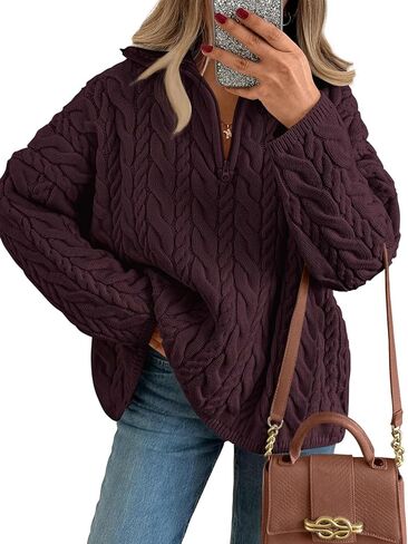 Trendy Queen Women's Oversized Cable Knit Quarter Zip Up Pullover Sweaters in Saudi Arabia