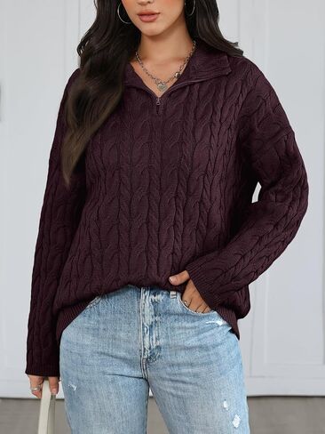 Trendy Queen Women's Oversized Cable Knit Quarter Zip Up Pullover Sweaters in Saudi Arabia