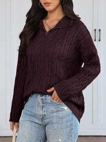 Trendy Queen Women's Oversized Cable Knit Quarter Zip Up Pullover Sweaters in Saudi Arabia