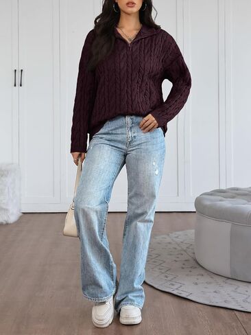 Trendy Queen Women's Oversized Cable Knit Quarter Zip Up Pullover Sweaters in Saudi Arabia