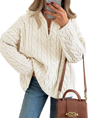 Trendy Queen Women's Oversized Cable Knit Quarter Zip Up Pullover Sweaters in Saudi Arabia