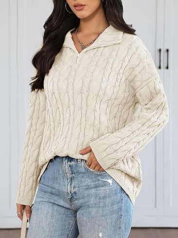 Trendy Queen Women's Oversized Cable Knit Quarter Zip Up Pullover Sweaters in Saudi Arabia