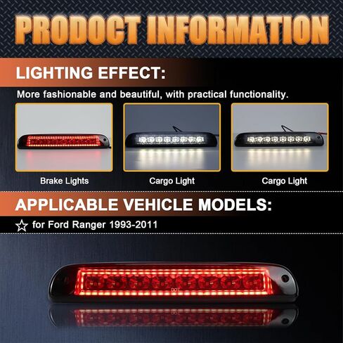 عدسة مدخنة LED استبدال ضوء الفرامل الثالث لـ 1999-2016 Ford F250 F350 F450 F550 Super Duty، 1993-2011 لـ Ford Ranger مجموعة مصابيح فرامل الكابينة الخلفية عالية التركيب، ضوء شحن السقف in Kuwait