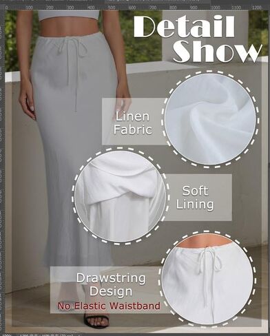 Women's Linen Drawstring Maxi Skirt High Waisted Flowy Flared A-Line Long Skirts with Lining in Saudi Arabia