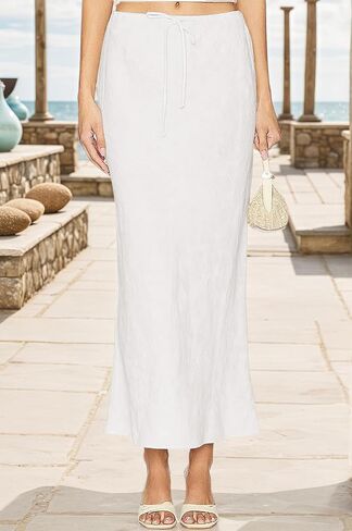 Women's Linen Drawstring Maxi Skirt High Waisted Flowy Flared A-Line Long Skirts with Lining in Saudi Arabia