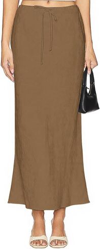 Women's Linen Drawstring Maxi Skirt High Waisted Flowy Flared A-Line Long Skirts with Lining in Saudi Arabia