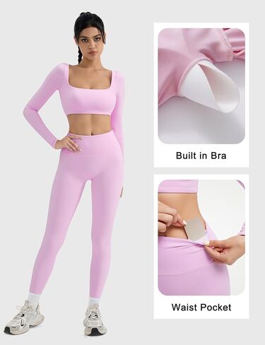طقم تمرين نسائي من SUUKSESS مكون من قطعتين سروال ضيق للتحكم في البطن مع جيوب وأكمام طويلة ورقبة مربعة مبطنة قطع علوية قصيرة in Kuwait