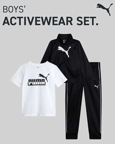 طقم سراويل للأولاد الصغار من PUMA - تي شيرت رياضي 3 قطع، سترة بسحاب، بنطال رياضي - مجموعة ملابس رياضية للأولاد من تريكو (2T-4T) in Saudi Arabia