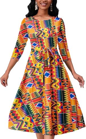Women's Caual Midi Dress 3/4 Sleeve Crewneck A-line Swing Dress for Women with Belt for Wedding Guest & Cocktail Party in Kuwait