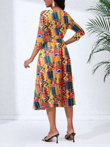 Women's Caual Midi Dress 3/4 Sleeve Crewneck A-line Swing Dress for Women with Belt for Wedding Guest & Cocktail Party in Kuwait