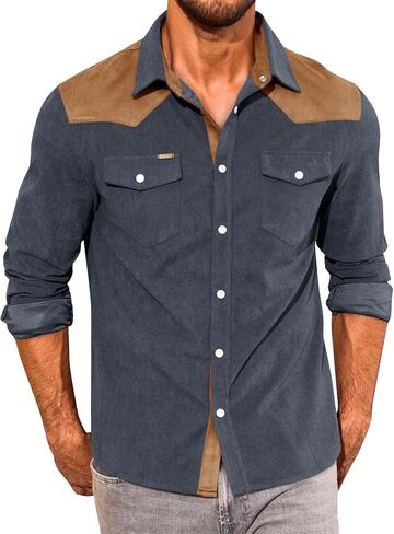 Yousify Mens Corduroy Shirt Long Sleeve Button Down Casual Western Cowboy Shirt Jacket with Flap Pockets in Saudi Arabia