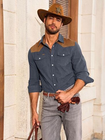 Yousify Mens Corduroy Shirt Long Sleeve Button Down Casual Western Cowboy Shirt Jacket with Flap Pockets in Saudi Arabia