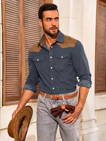 Yousify Mens Corduroy Shirt Long Sleeve Button Down Casual Western Cowboy Shirt Jacket with Flap Pockets in Saudi Arabia