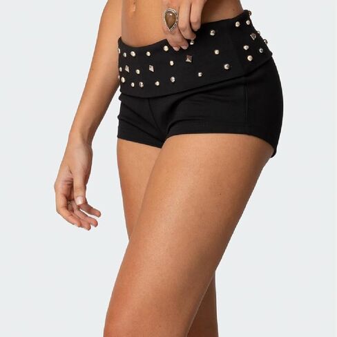 Foldover Micro Shorts for Women Low Rise Studded Waistband Mini Shorts Going Out Y2K Pajama Bottoms Loungewear in Saudi Arabia