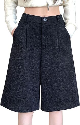 chouyatou Women's Winter Wool Wide Leg Shorts High Elastic Waist Dressy Casual Bermuda Shorts with Pockets in Saudi Arabia