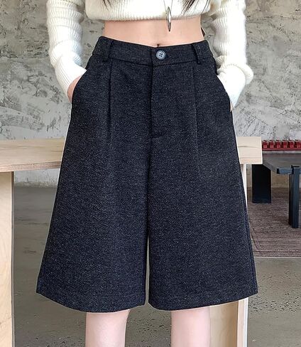 chouyatou Women's Winter Wool Wide Leg Shorts High Elastic Waist Dressy Casual Bermuda Shorts with Pockets in Saudi Arabia